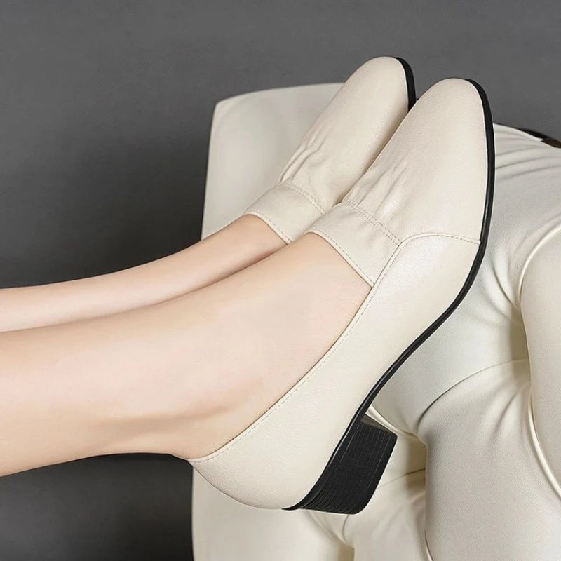 Komfortable Walking-Schuhe für Damen, mittelhohe Blockabsatz-Pumps, Slip-On-Loafer aus PU-Leder, Vintage-Stil, quadratische hohe Absätze, Büro-Damenschuhe, elegante Schuhe