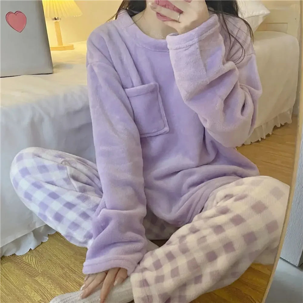 Fleece-Pyjama-Set für Damen, dick, warm, Winter-Nachtwäsche, lässig, solides Oberteil und karierte Hose, weiches Pyjama-Set für Damen, Heimanzug