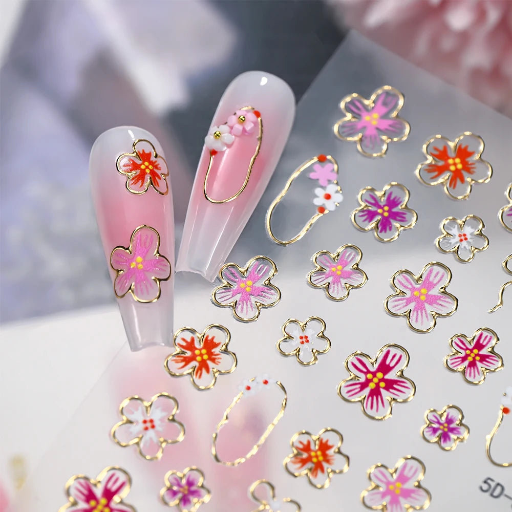 5D Luxus Gold Outline Kirschblüten Nagelaufkleber Chrom-Rahmen Schleife & Blüten Nagelsticker Selbstklebende Nagelschleifer Maniküre DIY