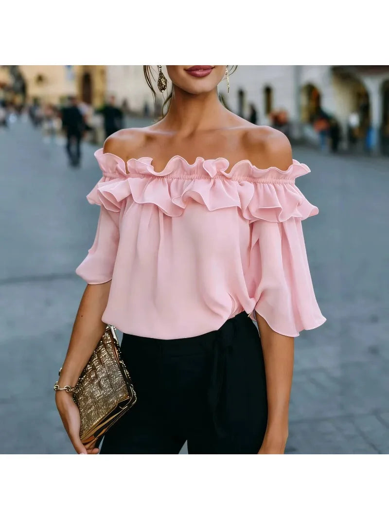 Schulterfreies Rüschenoberteil für Damen, lockere Passform, kurzärmelige Bluse, lässiges Sommerhemd, trendige Mode