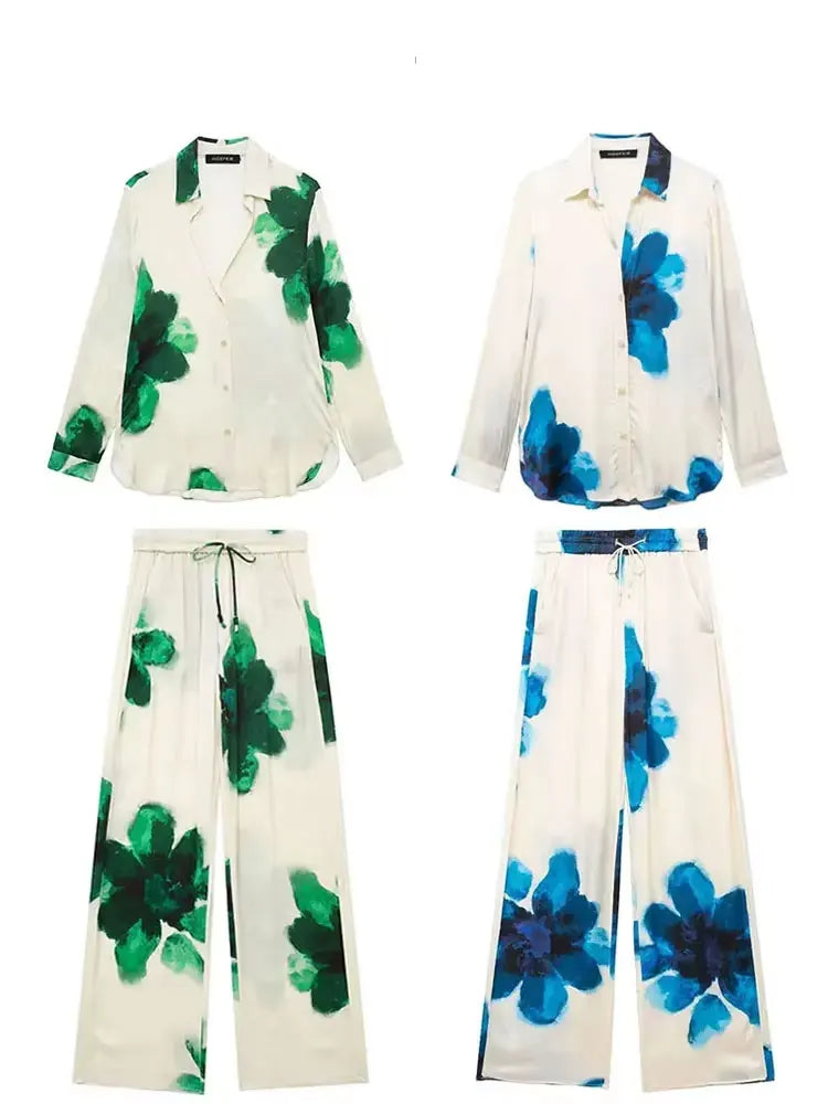 HH 2024 Sommer Weibliche Elegante Blumen Druck 2 Stück Anzug Lange Ärmel Revers Bluse + Kordelzug Breite Bein Hosen kausalen Outfit
