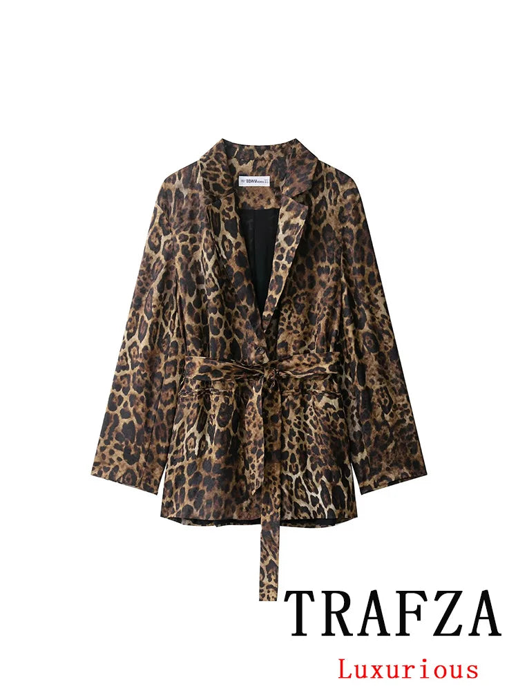 KONDALA Vintage Leopardenmuster Damenanzüge V-Ausschnitt Schärpen Langarm Übergroßer Blazer + Hose mit weitem Bein Mode 2025, Herbstanzüge