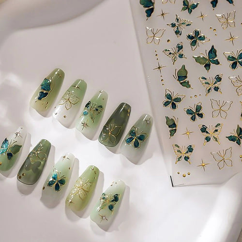 1 Stück 5D Relief Jelly Green Butterfly Nagelaufkleber Bronzing Gold Schmetterlinge Nagelaufkleber Selbstklebend 8*10cm Nail Art Dekoration