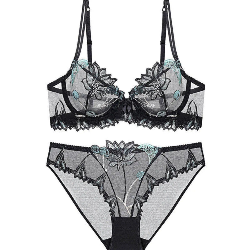 Eleganter Kirschblüten-Stickerei-Spitzen-Bügel-BH, ultradünn, Minimizer, stützend, Anti-Sagging, seitlich glättend für große Brüste, Größen 32-38, Set
