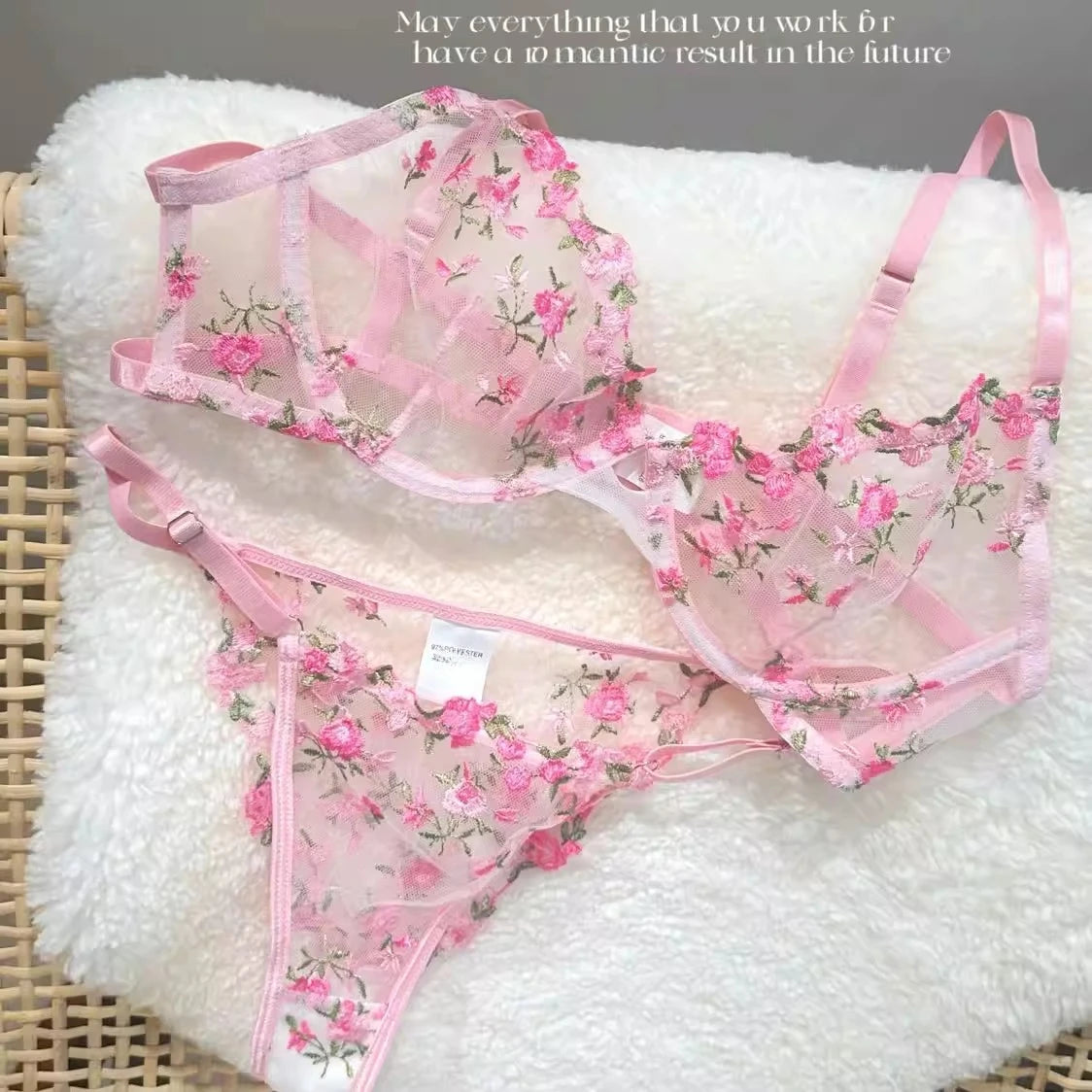 Französisches Blumen-BH-Set für Damen |   Süßes sexy transparentes Mesh-Spitze-Set, transparentes Unterwäsche-Set |   Praktisches und feminines MOYISU Sexy Höschen-Set