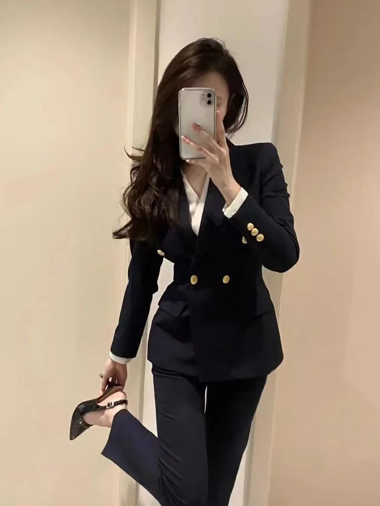 Marineblau-schwarzer modischer Damen-Hosenanzug, langärmliger, einfarbiger Damen-Blazer und Hose, formelles 2-teiliges Set für Herbst und Winter