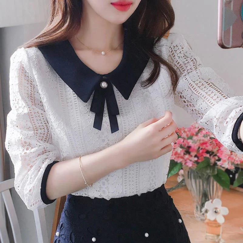 Frauen Frühling Herbst Stil Spitze Blusen Hemd Frauen Peter Pan Kragen Einfarbig Halbe Hülse Elegante Spitze Tops SP8676