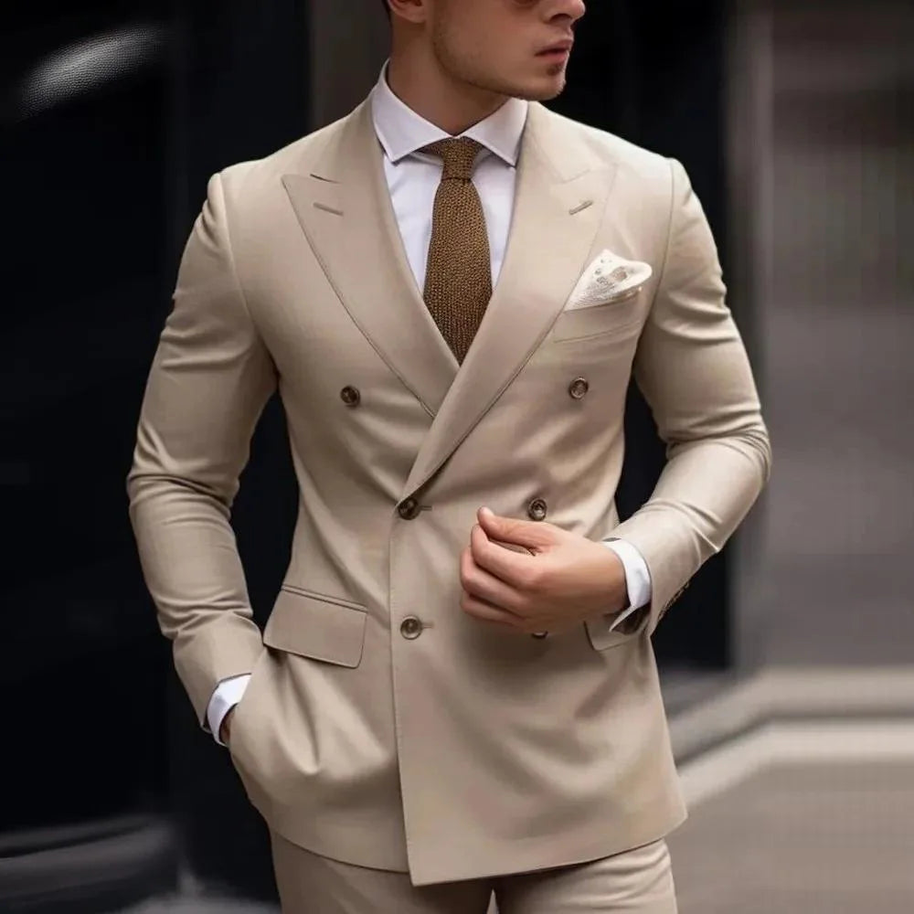 Herren Casual Hochzeitsanzug Zweiteiliges Set aus Polyestergewebe Doppelreihig Geknöpft Formeller Anzug für Trauzeugen und Bestmannen