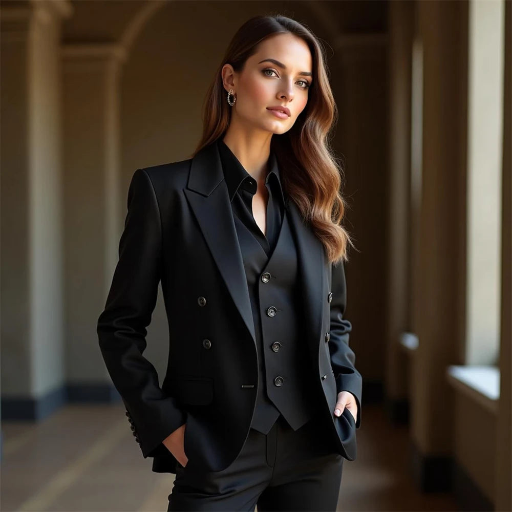 Schwarzer 3-Teiliger (Jacke+Weste+Hose) Damenanzug Damen-Smoking Blazer-Kleid Slim Fit Formeller Büro-Damen-Blazer-Set