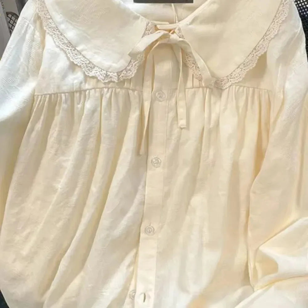 Peter Pan Kragen Süßes Hemd Frauen Lolita Japanische Kawaii Bluse Puff Langarm Elegante Weiße Weibliche Top Grundlegende Schule Shirts