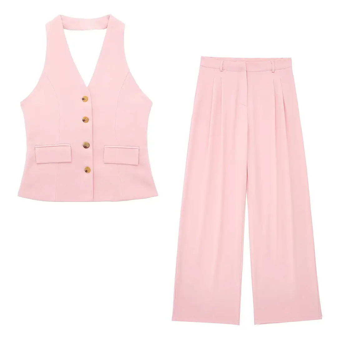 HH Hose-Sets für Damen, modisch, gelb, rückenfrei, Knopfhalter, bauchfreie Weste, Oberteil, gerade Hose, eleganter Büro-Damenanzug