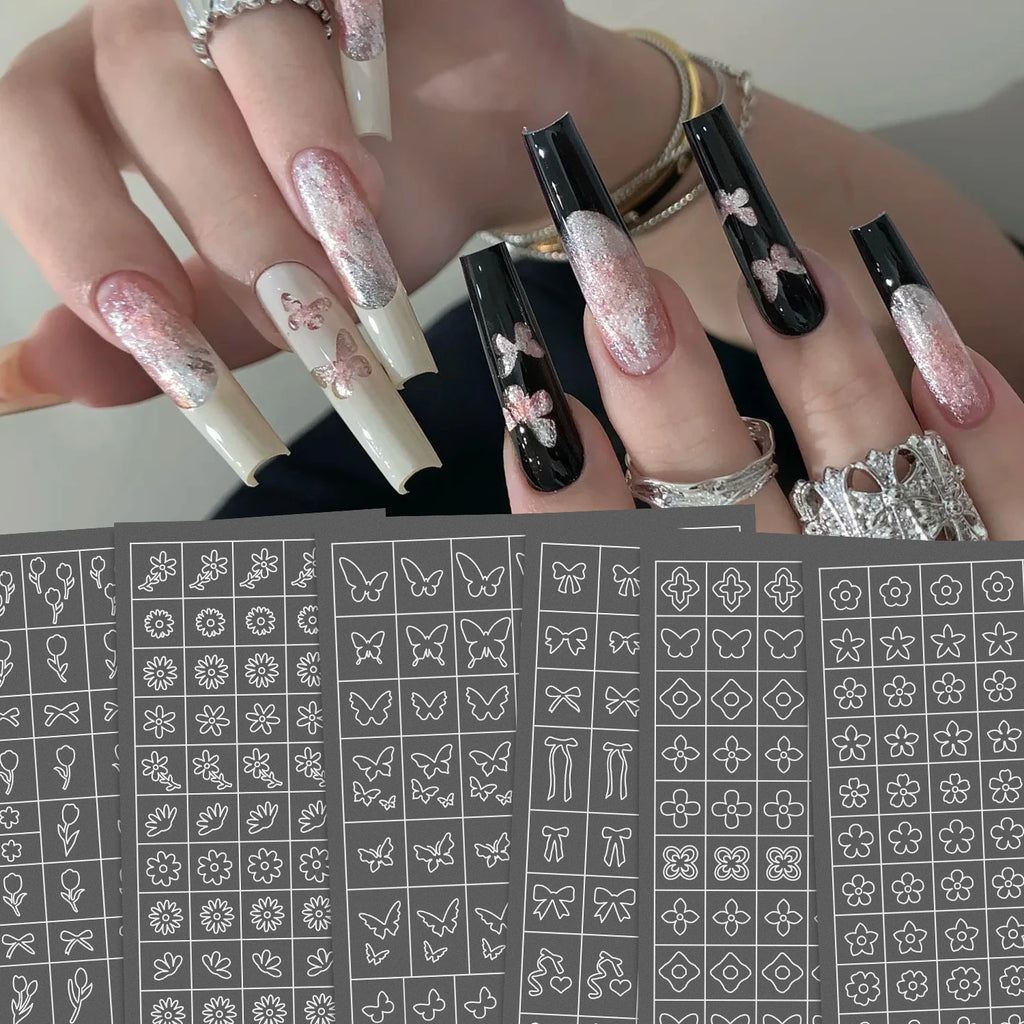 Neue Nagelaufkleber mit mehreren Designs, Schmetterlings- und Blumenmuster, transparent, sprühlackiert, wiederverwendbare PET-Nagelaufkleber für Klebeschablonen