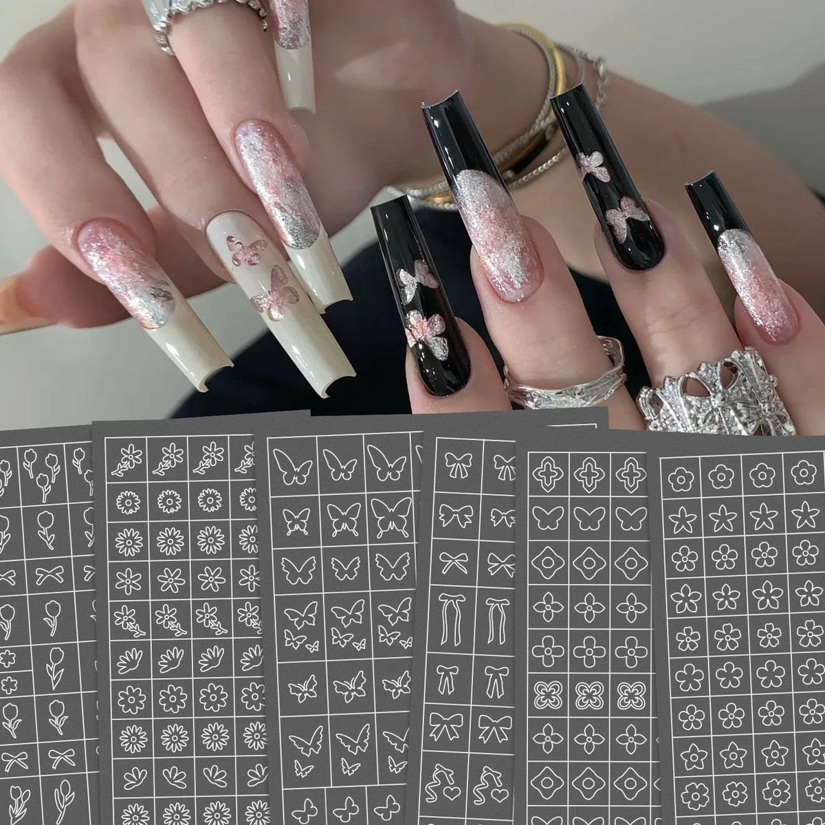 Neue Nagelaufkleber mit mehreren Designs, Schmetterlings- und Blumenmuster, transparent, sprühlackiert, wiederverwendbare PET-Nagelaufkleber für Klebeschablonen