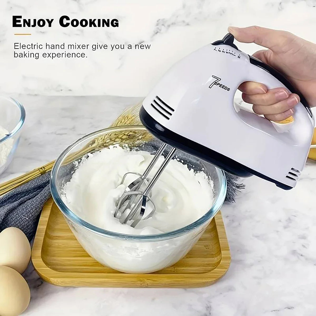 Handgehaltener elektrischer Schneebesen, automatischer Haushaltsmixer, handgehaltener Lebensmittel-, Kuchen-, Brot- und Teigmischer, Crememixer mit 7 Geschwindigkeiten