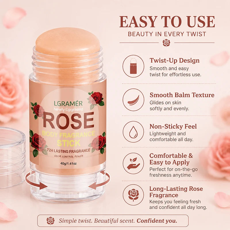 Rosen-Duft Deodorant Stick 72H Langanhaltender Duft Natürliche Pflanzenformel Glatter Nicht-Klebriger Geruchskontrollierender Körperbalsam für Täglichen Gebrauch
