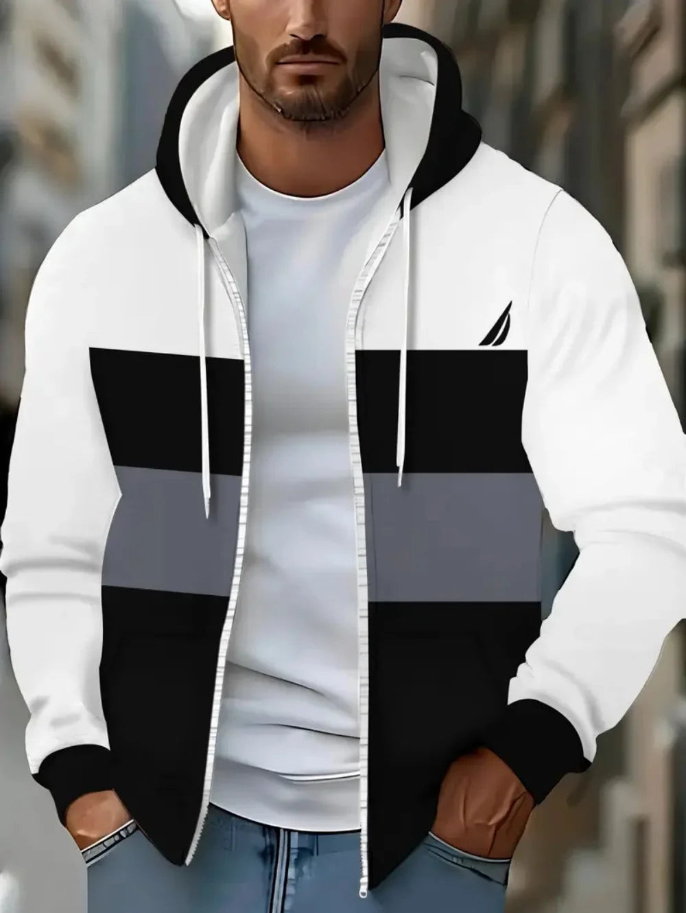 Lässiges, gestreiftes Herren-Sweatshirt mit Kapuze und durchgehendem Reißverschluss, Outdoor-Kleidung, glatte Kapuzentaschen mit Kordelzug, einfache gestreifte Sportbekleidung für Herren