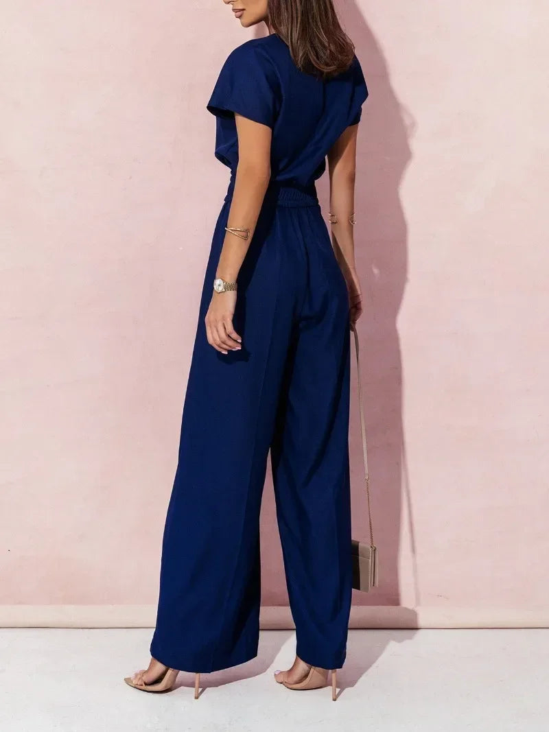 Damen S-2XL Größe Frühling Sommer Damenmode V-Ausschnitt Kurzarm Overall Damen Casual Gürtel Einfarbig Overall