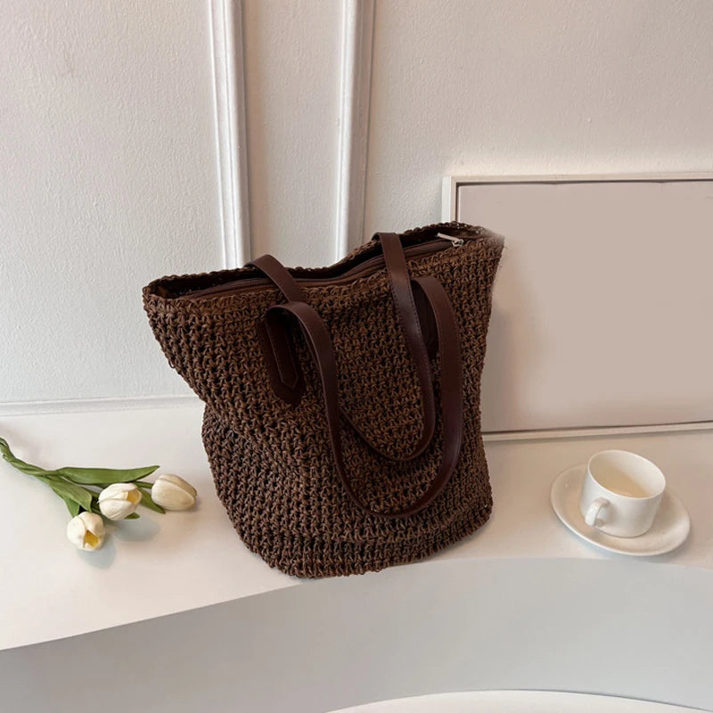Frauen Umhängetasche Böhmischen Stroh Handtasche Sommer Strand Gewebte Unterarm Tasche Große Casual Gestrickte Tasche Häkeln Einkaufstasche