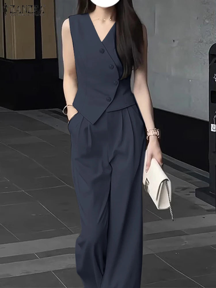 ZANZEA Koreanischen Stil Frauen Hose Sets Unregelmäßige Weste Tops Breite Bein Hosen Elegante Solide 2-Stück Sets Sommer Pendeln 2 stücke Outfits