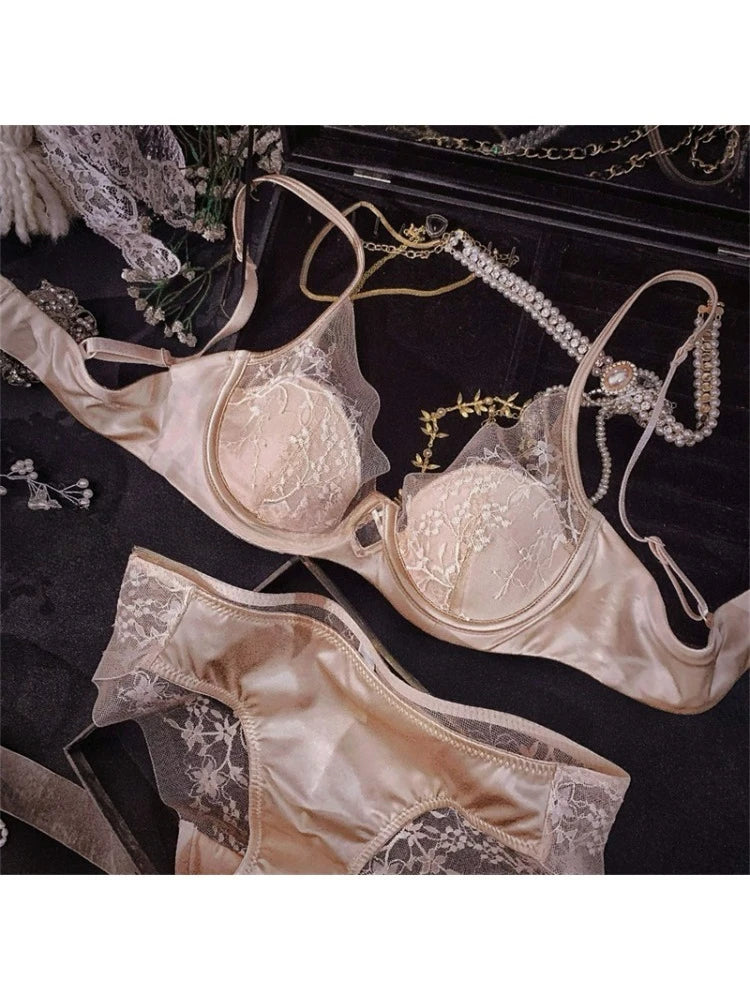 Sexy Spitzen-BH und Höschen-Set, Push-Up-Minimizer, tiefer Bügel, Demi-Cup für Damen, Partykleidung, durchsichtiges Push-Up-Minimizer-BH-Set aus Satin