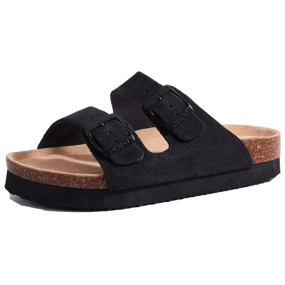 Crestar Damen-Hausschuhe mit Korkfußbett, Sommer-Paar, verstellbare Doppelschnallen, flache Sandalen, Outdoor-Kork-Strandrutschen mit offener Spitze