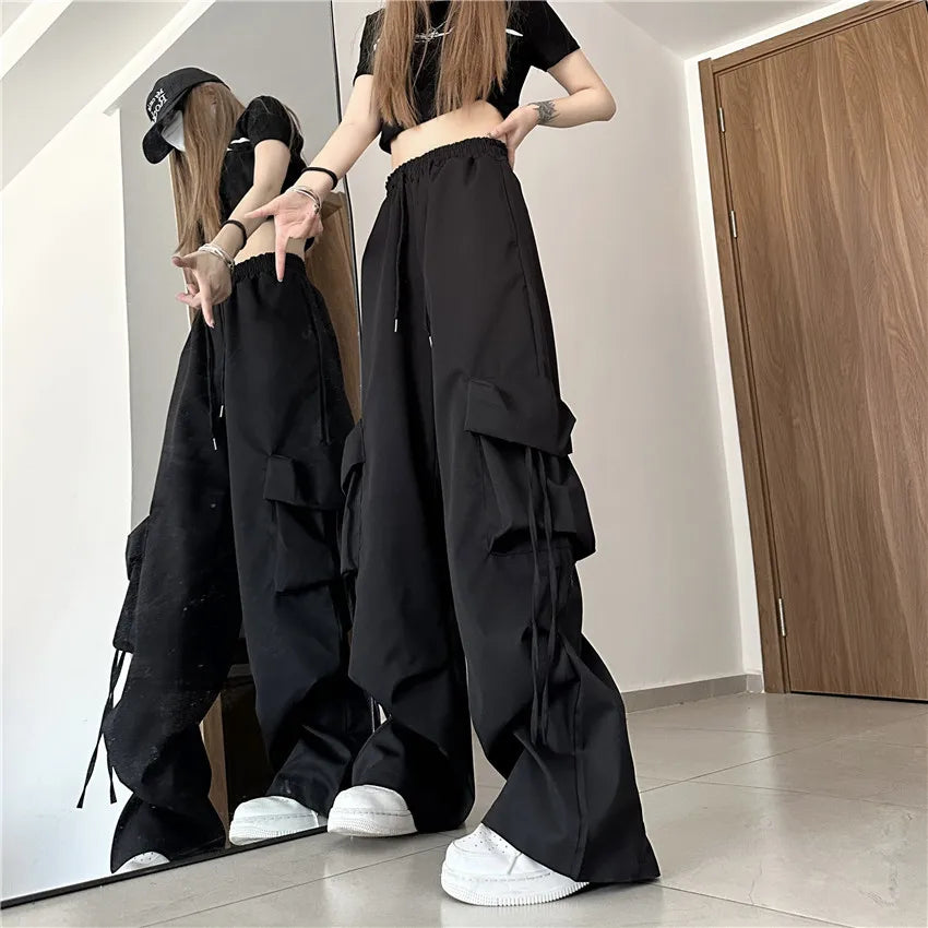 Frauen Y2K Cargo Hosen Hohe Taille Street Hip Hop Hosen Weibliche Große Taschen Casual Niedrigen Taille Kordelzug Baggy Jogginghose