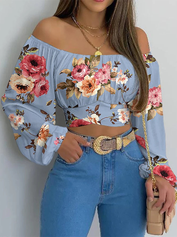 Frauen Sexy Off Schulter Bluse Chic und Elegante Druck Laterne Lange Hülse Spitze Up Bogen Cropped Tops Beiläufige Dünne Hemden 2024