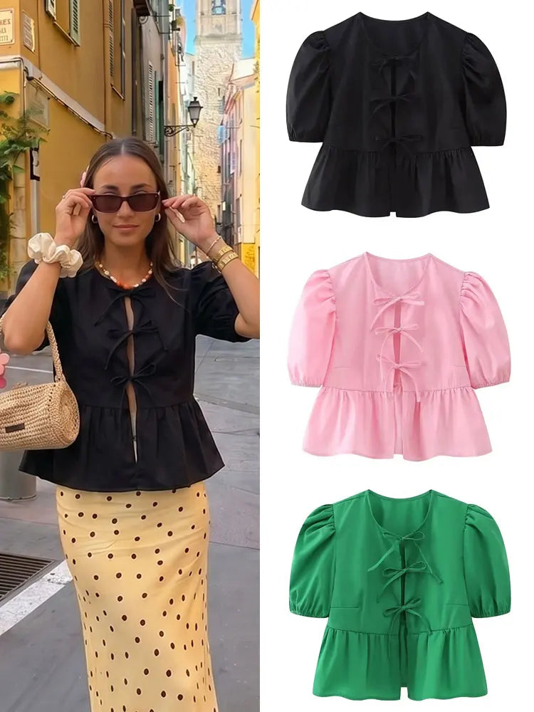 Elegante Damen-Bluse mit Kurzen Puffärmeln und Schleife, Lässiges Mode-Wochenend-Shirt, High-Street-Hemd, Party- und Strand-Oberteil, Schlanker Schnitt