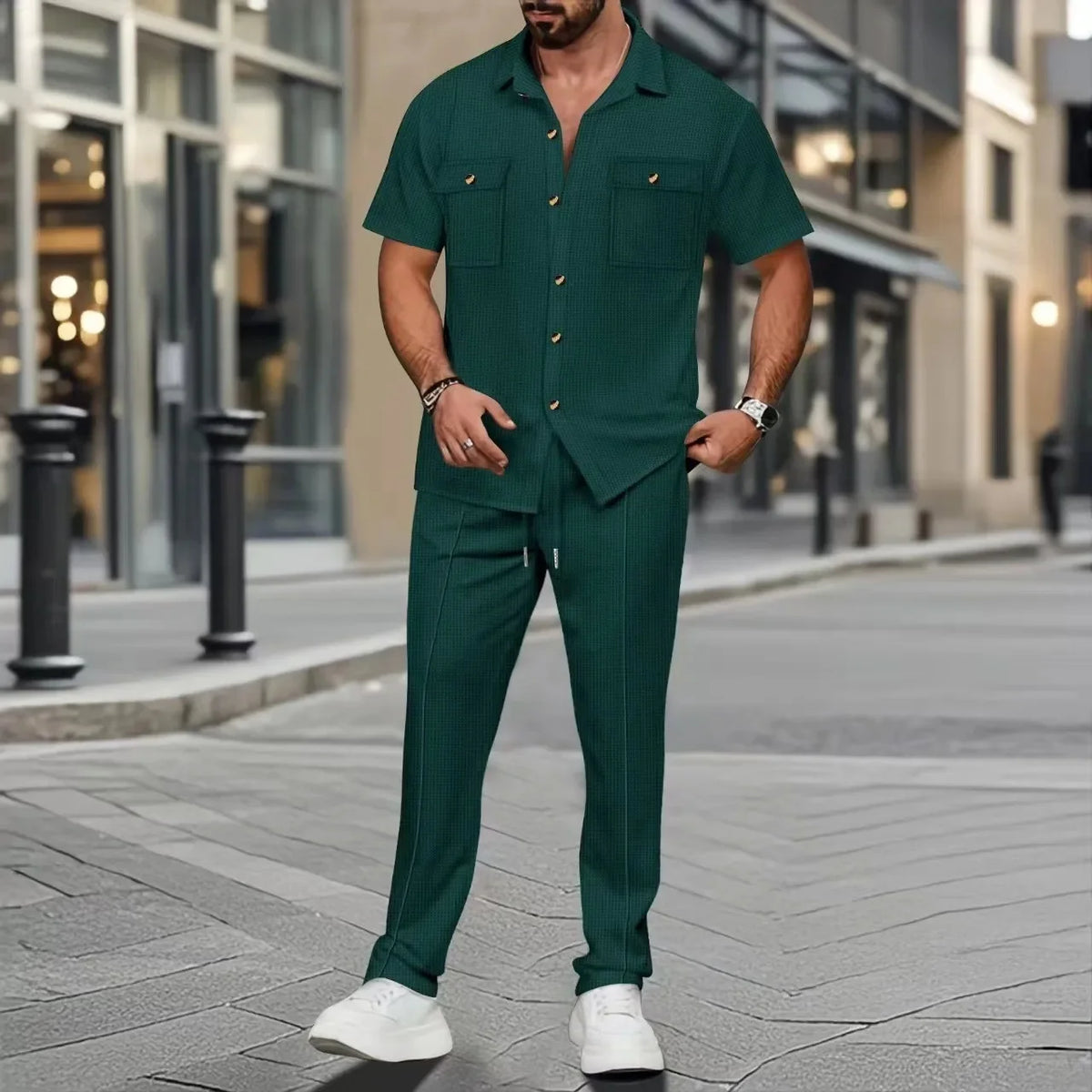 Sommer Herren Reine Farbe Knopftasche Hemd Kurzarm Lange Hosen 2-teiliges Set Unabhängige Station Grenzüberschreitende Kleidung