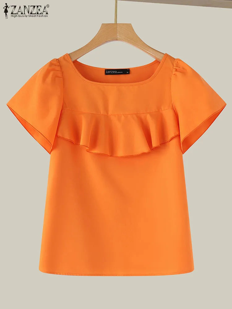 ZANZEA Koreanische Rüschen Rundhals Bluse Frauen Elegante Patchwork Party Tops Shirts 2024 Herbst Vintage Chiffon Kurzarm Tuniken
