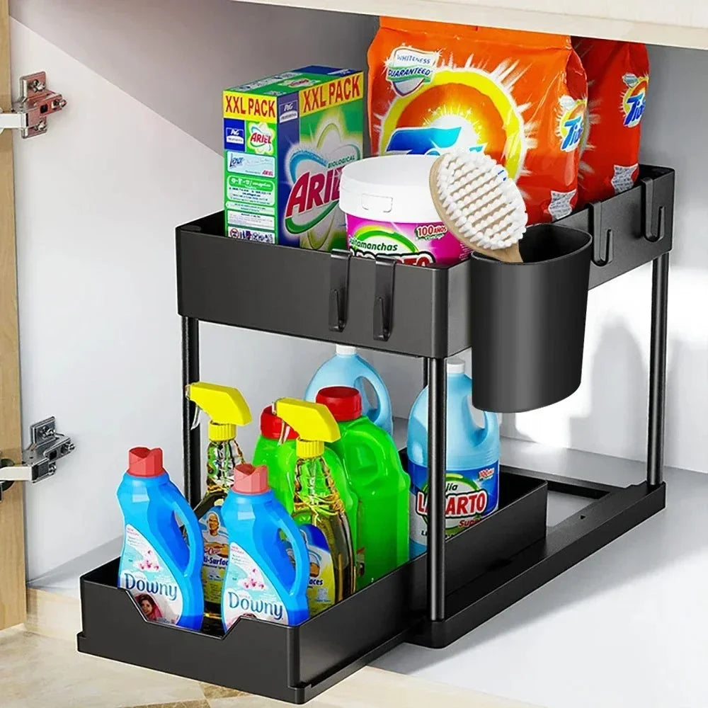 2-stufiger verschiebbare Aufbewahrungskorb unter der Spüle, multifunktionales Organizer-Rack mit Haken, hängende Tasse, platzsparend für Badezimmer und Küche