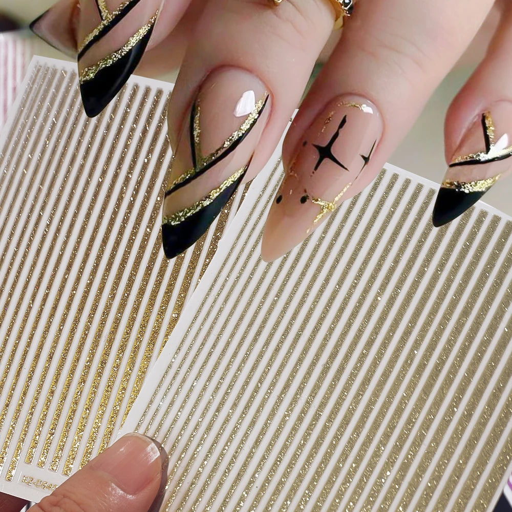 2 Stück 3D-Glitzerlinien-Nagelaufkleber, holografisch, golden, silbrig, schwarz, gerade Streifen, metallische Linien, Nägel, Schieber, Maniküre-Dekor