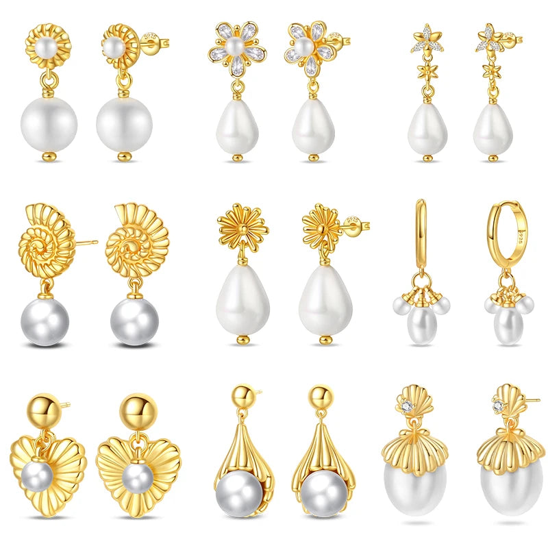 Luxus Goldene Muschel Seestern Perle Ohr Studs 925 Silber Schmetterling Herzförmige Anhänger Perle Ohrringe Für Frauen Partei Schmuck