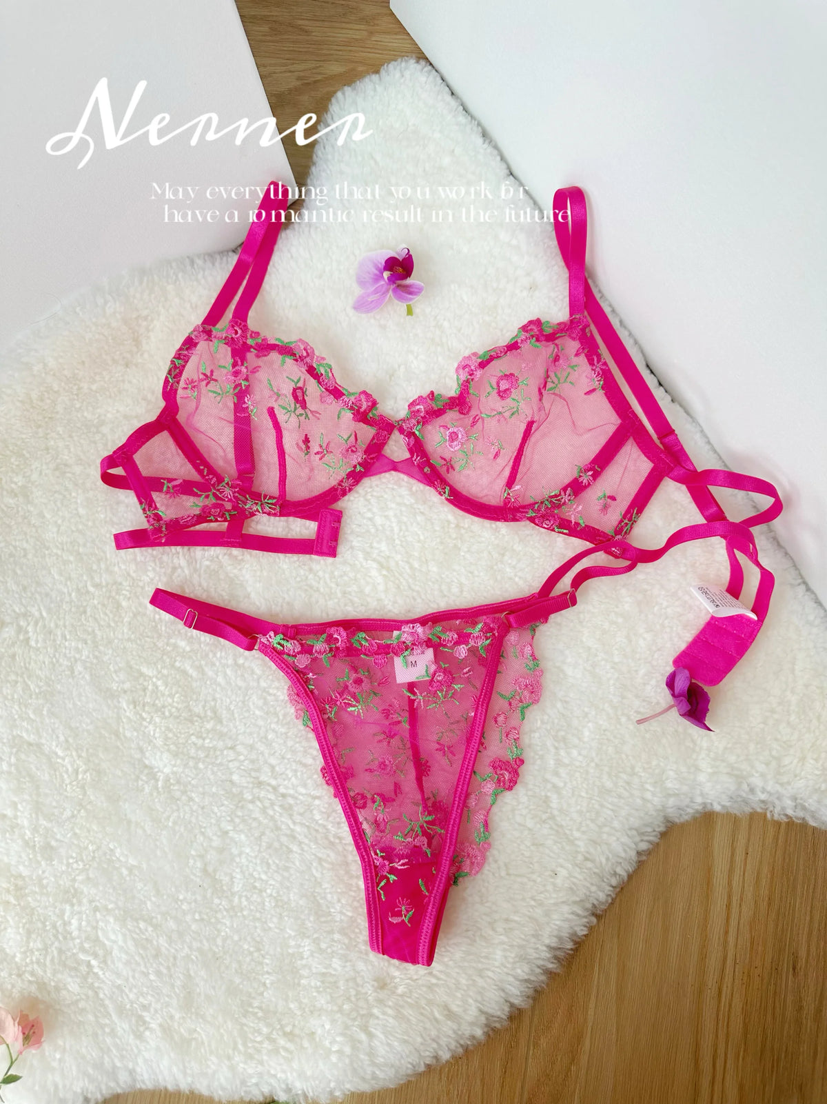 Kawaii japanisches Dessous-Set aus transparentem Tüll, rosa Blumenstickerei-BH, Bralette, reines passendes Set, BANERDANNI Tushy-BHs