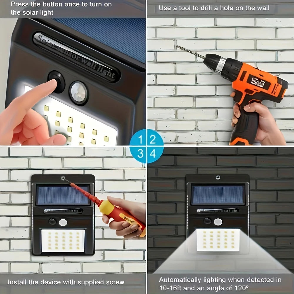 20 LED Solarleuchten für Außen mit 3 Modi, Wasserdichter Bewegungssensor, Sicherheitsbeleuchtung, LED-Wandstraßenlampe für Garten und Veranda