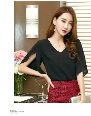 Frauen Chiffon Kurzarmhemd sexy V-Ausschnitt lose gekräuselte Chiffon Bluse.