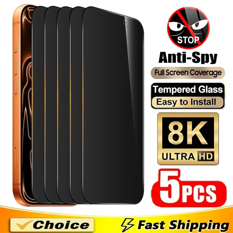 5 Stück Sichtschutzglas für iPhone 16 15 14 11 12 13 17 Pro Max Displayschutzfolie Anti-Spy Gehärtetes Glas für iPhone 15 Plus XR X XS