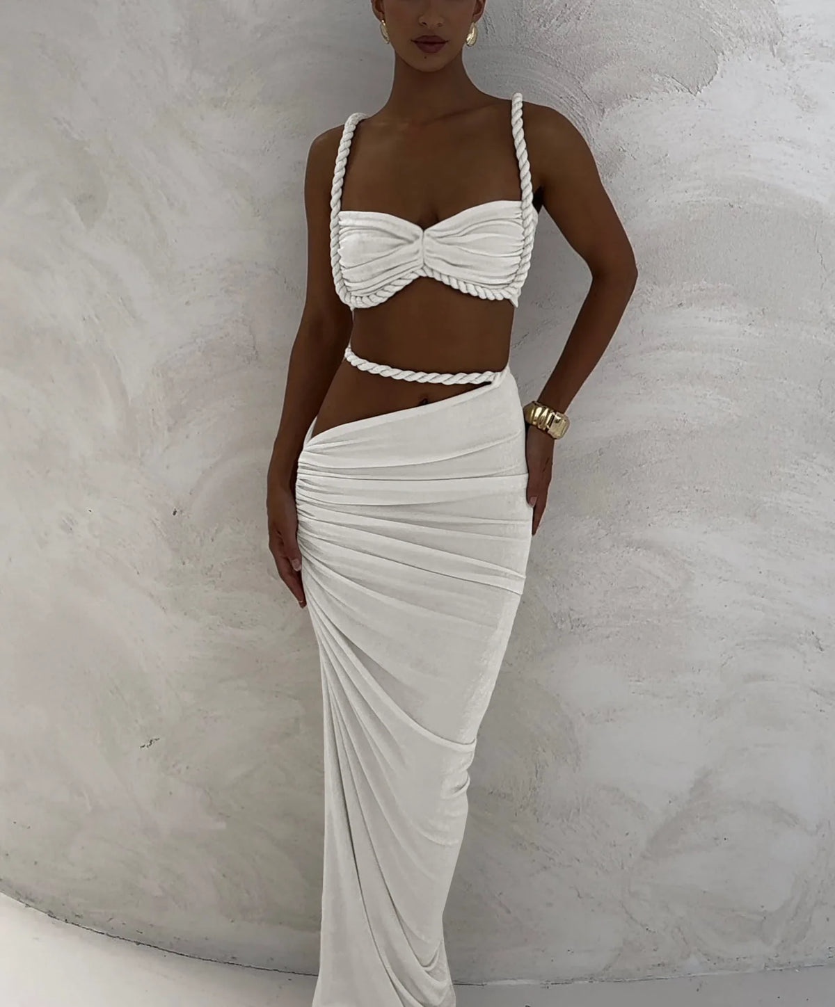 Weird Puss Bandage gerafftes 2-teiliges Set Damen-BH mit quadratischem Kragen + dünne lange Röcke 2025, Sommerurlaub, Strandparty, Trendanzüge