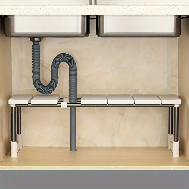 Verstellbares Aufbewahrungsregal unter der Spüle, erweiterbarer Küchen- und Badezimmerschrank-Organizer, langlebiger, platzsparender, mehrschichtiger Topflappen