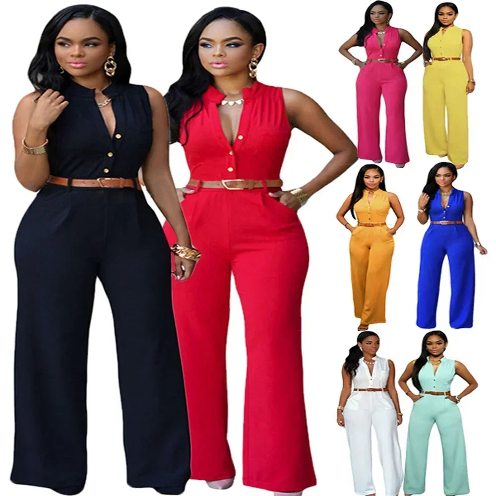 Damen Jumpsuit Sexy Ärmellos Tiefer V-Ausschnitt Weites Bein Jumpsuit Romper Mit Gürtel