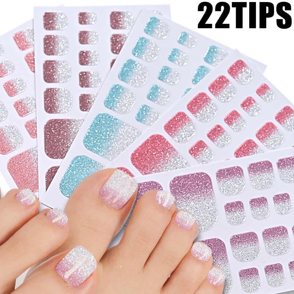 22 Tipps Ombre Glitzer Zehennagel Aufkleber Backen Kostenloser wasserdichter Aufkleber Vollständige Abdeckung Fuß Zehennagel Aufkleber Selbstklebende Maniküre Aufkleber