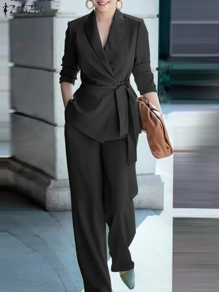 Zanzea Herbst elegant ol Arbeits anzug Frauen Blazer & weites Bein Hose Sets Mode 2 Stück Trainings anzüge Damen Büro Outfits Overs ize 2024