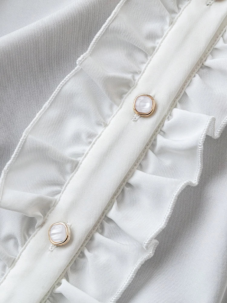 Limitierter Ausverkauf Plus Size Damen-Retro-Rüschenhemd mit hoher Taille, zweiteiliger Anzug, britischer Knopfweste, A-Linien-Rock