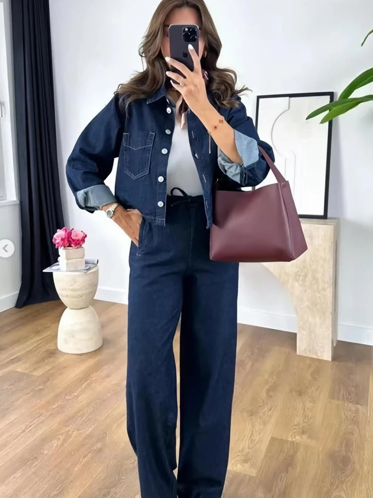 HXAO Denim-Set für Damen, Jeans-Set, Denim, 2-teiliges Set, Streetwear, Damenhose, Denim-Outfits, zweiteiliges Set, Damen-Denim-Oberteil, Jacke