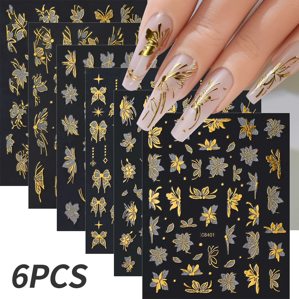 6 Stück 3D Blaue Herz-Nagelaufkleber Bronzierte Gold Silber Stern Mond Sonne Selbstklebende Slider Y2K Nagelkunst Abziehbilder Maniküre Dekoration