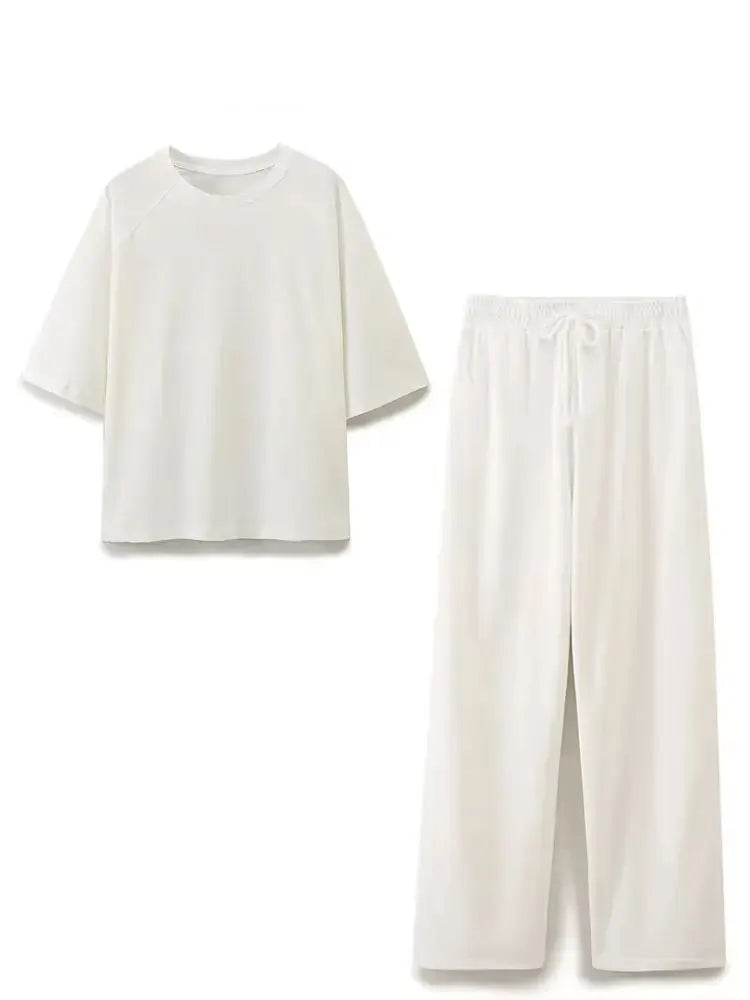 HH 2024 sommer Weibliche Feste Gemütliche Hosen Anzug Kurzen Ärmeln O Neck T-Shirt + Kordelzug Jogging Gerade Hosen Kausalen Straße set