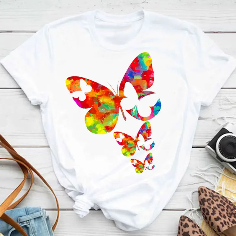 Neue blaue Schmetterling Blumen gedruckt T-Shirt Frauen Sommer lässig Kurzarm O-Ausschnitt Tops 90er Jahre Mode Grafik weibliche Tops T-Shirts