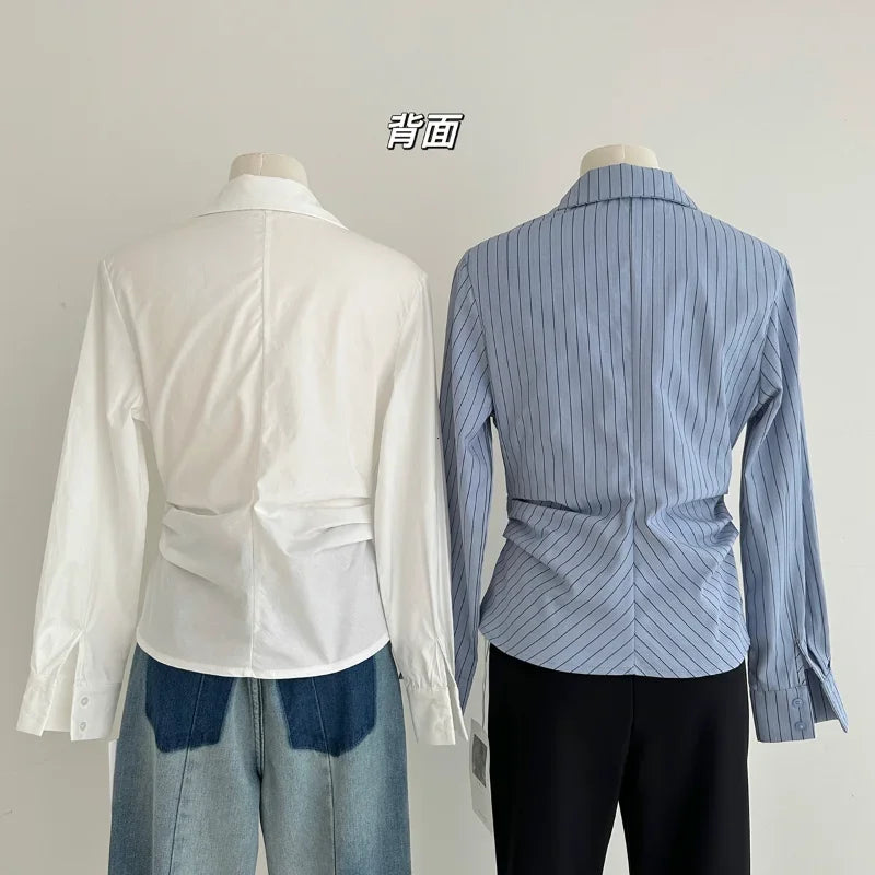2025 frauen Vintage Unregelmäßige Weiße Blusen Damen Elegante Gestreifte Shirts Koreanische Langarm Chic Tasten Schlank Design Tops Neue