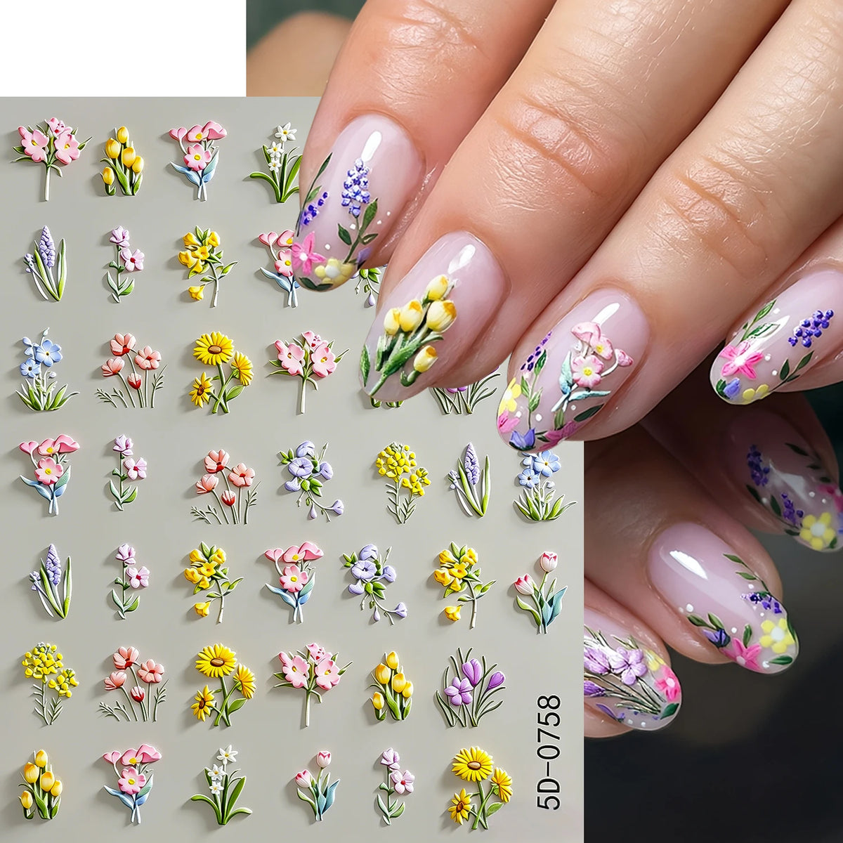 5D Geprägte Mehrkategorien-Blumen Nagelaufkleber Sonnenblume, Tulpe, Orchidee, Gras, Hyazinthe Design Nagelsticker DIY Frühlings-Blumendekoration