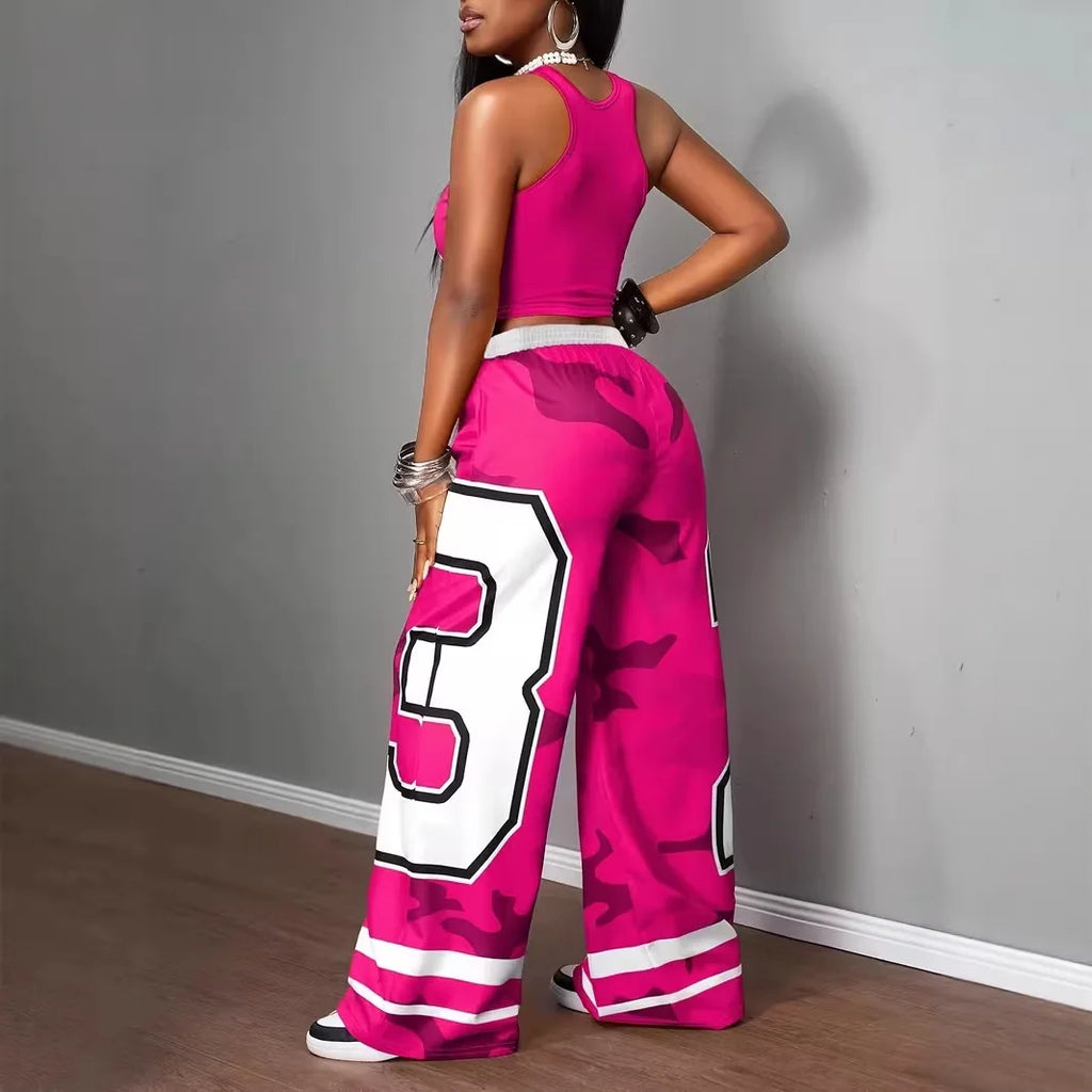 Neues lässiges Sport-Streetwear-Set mit bedruckter Weste und weiter Hose, zweiteilig.